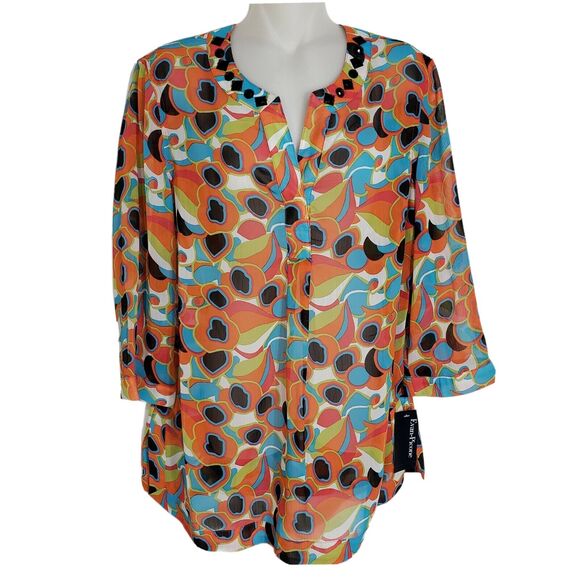 Evan Picone Womens Top Size 6 Tunic 3/4 Sleeve Semi Sheer Blouse Jewel Neckline - Picture 1 of 11